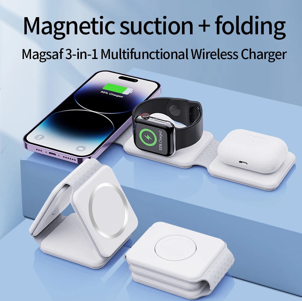 30W Magnetic Wireless Charger Pad Macsafe Foldable for iPhone 14 13 12 Pro Max Apple Watch 8 7 AirPods 3 in 1 Fast Charging Dock