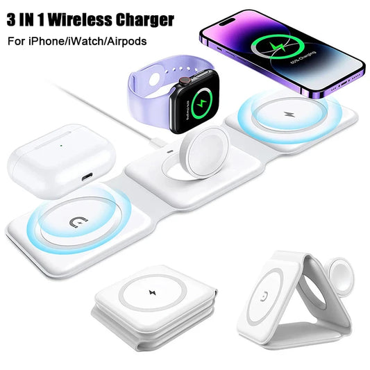 Magnetic Wireless Charger 3 in 1 for iPhone 15 14 13 12 11 Pro Max Apple Watch AirPods Fast Charging Dock Station Magsafe Type C