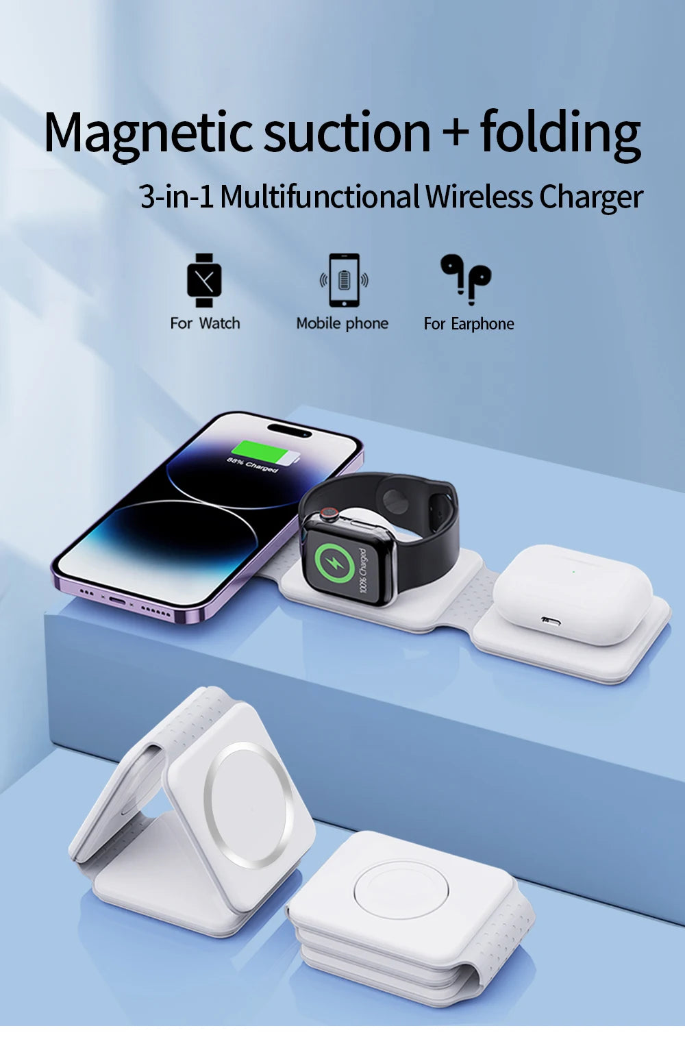 Magnetic Wireless Charger 3 in 1 for iPhone 15 14 13 12 11 Pro Max Apple Watch AirPods Fast Charging Dock Station Magsafe Type C